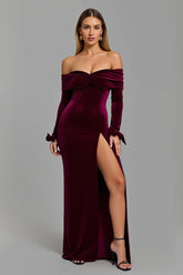 Burgunder Schulterfreies Feiertagsfestes Partykleid mit langen Ärmeln und Schlitz